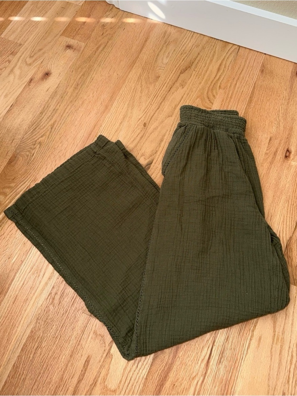 Aerie 100% Cotton Gauze Pool To Party Wide Leg Pants Elastic Waist Olive Green S